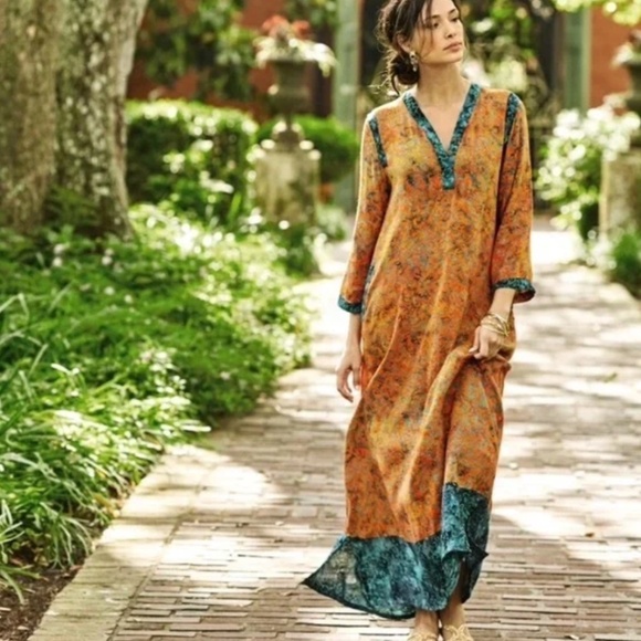 Soft Surroundings Teal Orange Boho Tunic Kaftan Flowy Maxi Dress Size Small - Picture 1 of 10